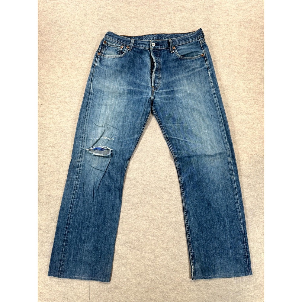 Levis 501 Jeans Mens 36x34 Blue Denim Cotton Medium Wash Straight Leg Distressed